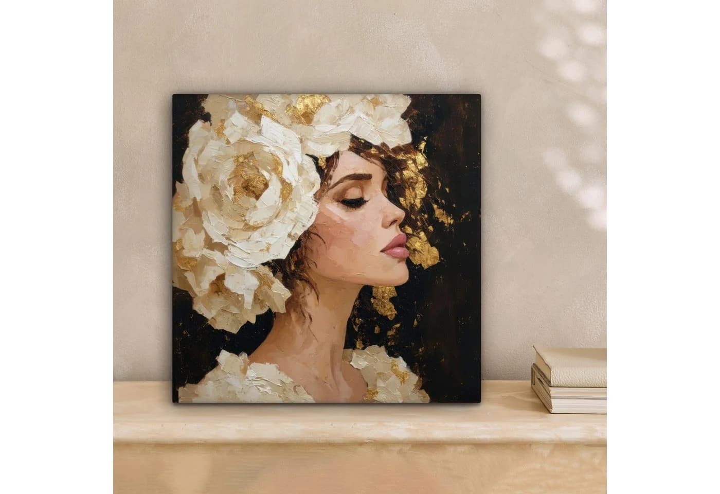 OneMillionCanvasses® Leinwandbild Frau Blumen Weiß Gold Abstrakt