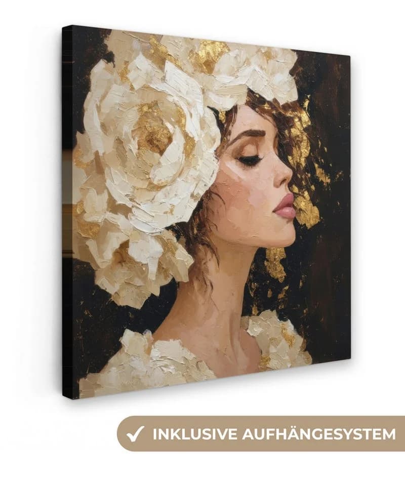 OneMillionCanvasses® Leinwandbild Frau Blumen Weiß Gold Abstrakt - Bild 2