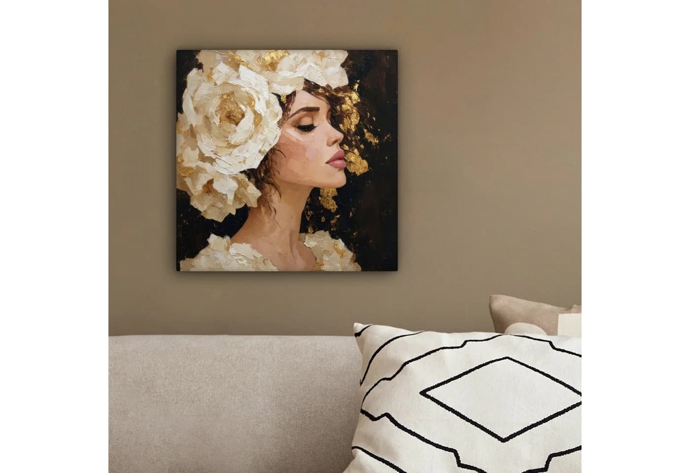 OneMillionCanvasses® Leinwandbild Frau Blumen Weiß Gold Abstrakt - Bild 4