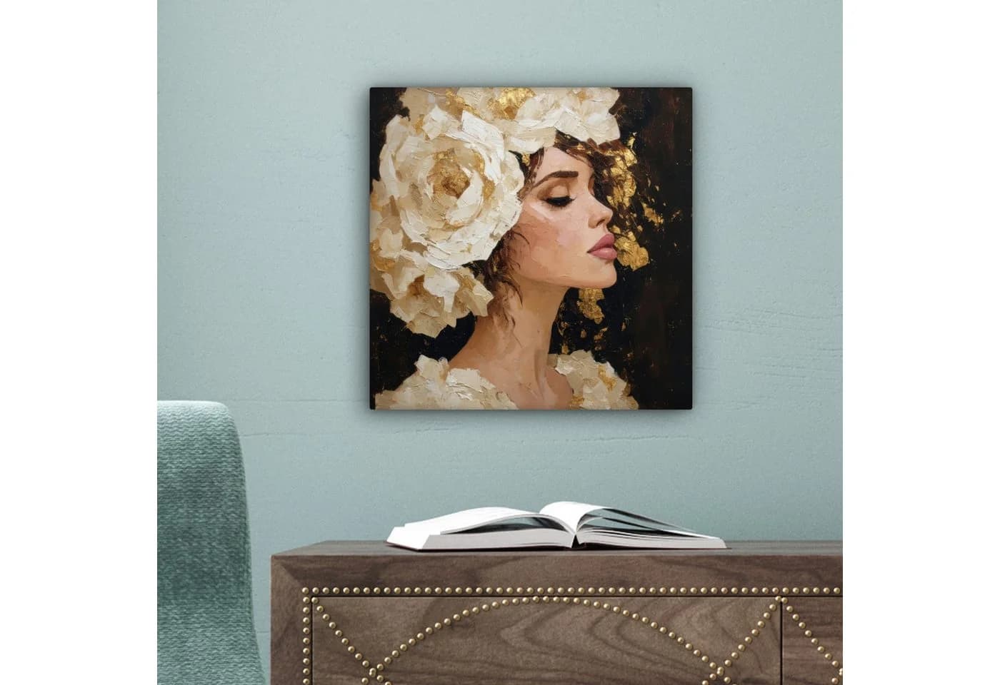 OneMillionCanvasses® Leinwandbild Frau Blumen Weiß Gold Abstrakt - Bild 5