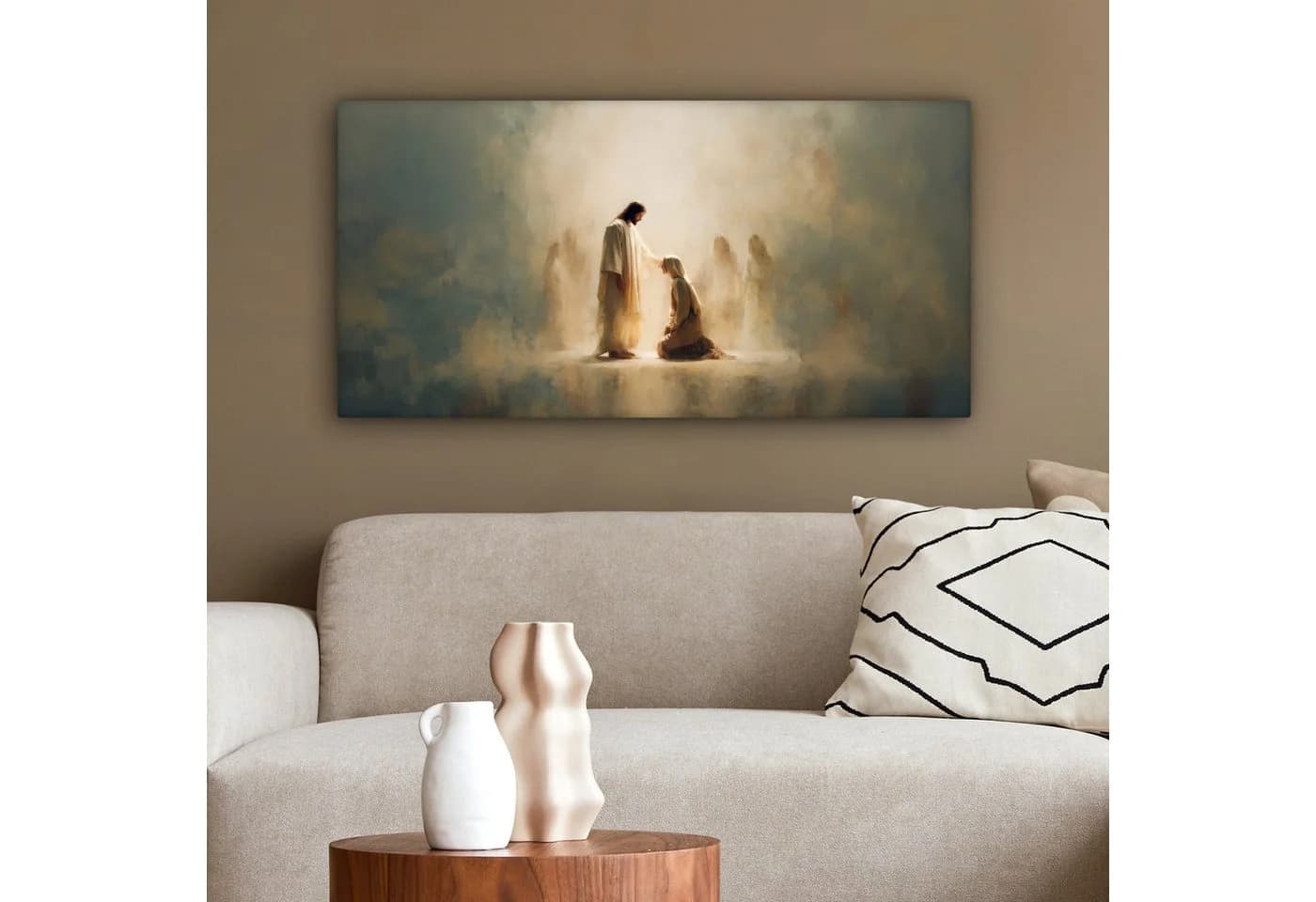 OneMillionCanvasses® Leinwandbild Jesus Kniend Beige Panorama 100x50 cm - Bild 4
