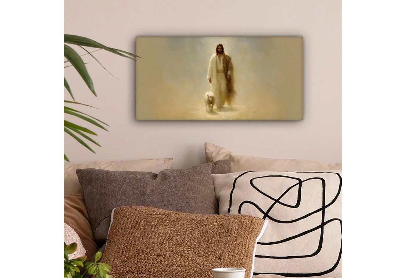 OneMillionCanvasses® Leinwandbild Panorama Jesus mit Lamm goldene Landschaft