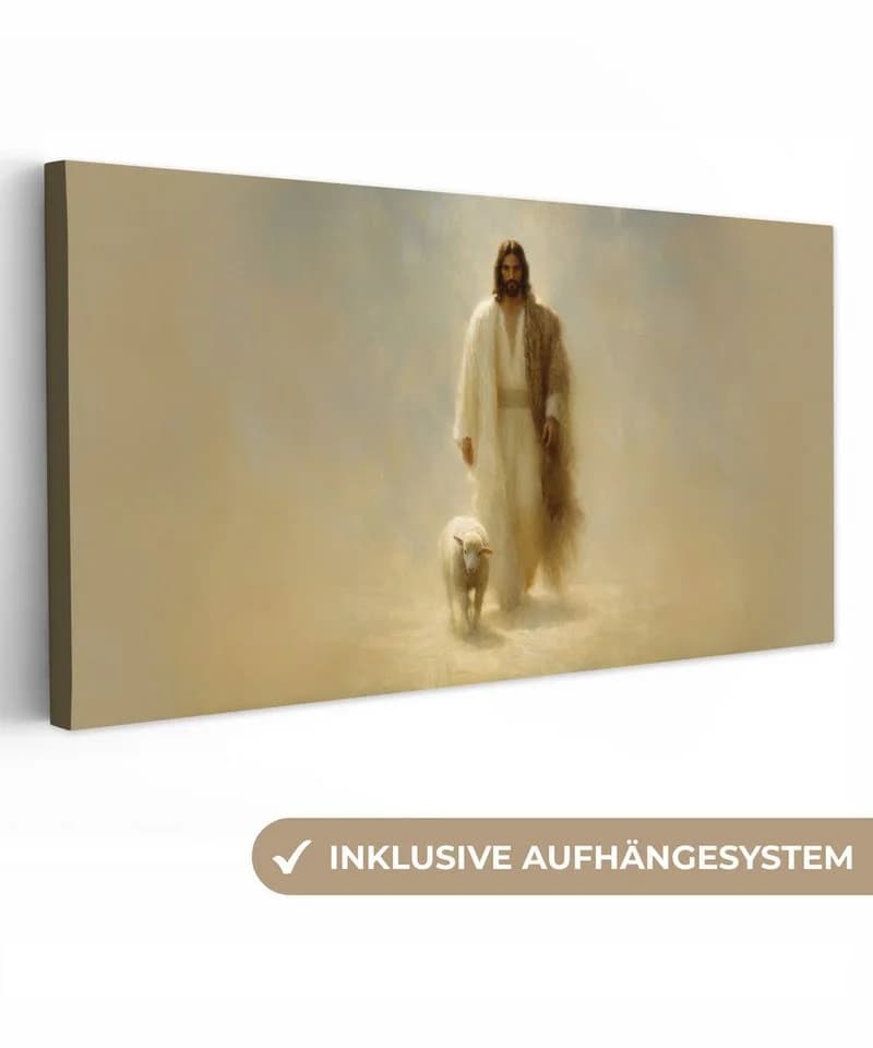 OneMillionCanvasses® Leinwandbild Panorama Jesus mit Lamm goldene Landschaft - Bild 2