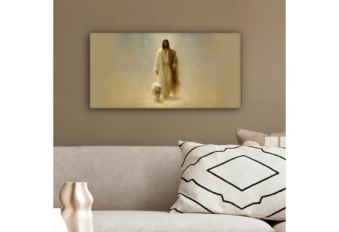 OneMillionCanvasses® Leinwandbild Panorama Jesus mit Lamm goldene Landschaft - Bild 4
