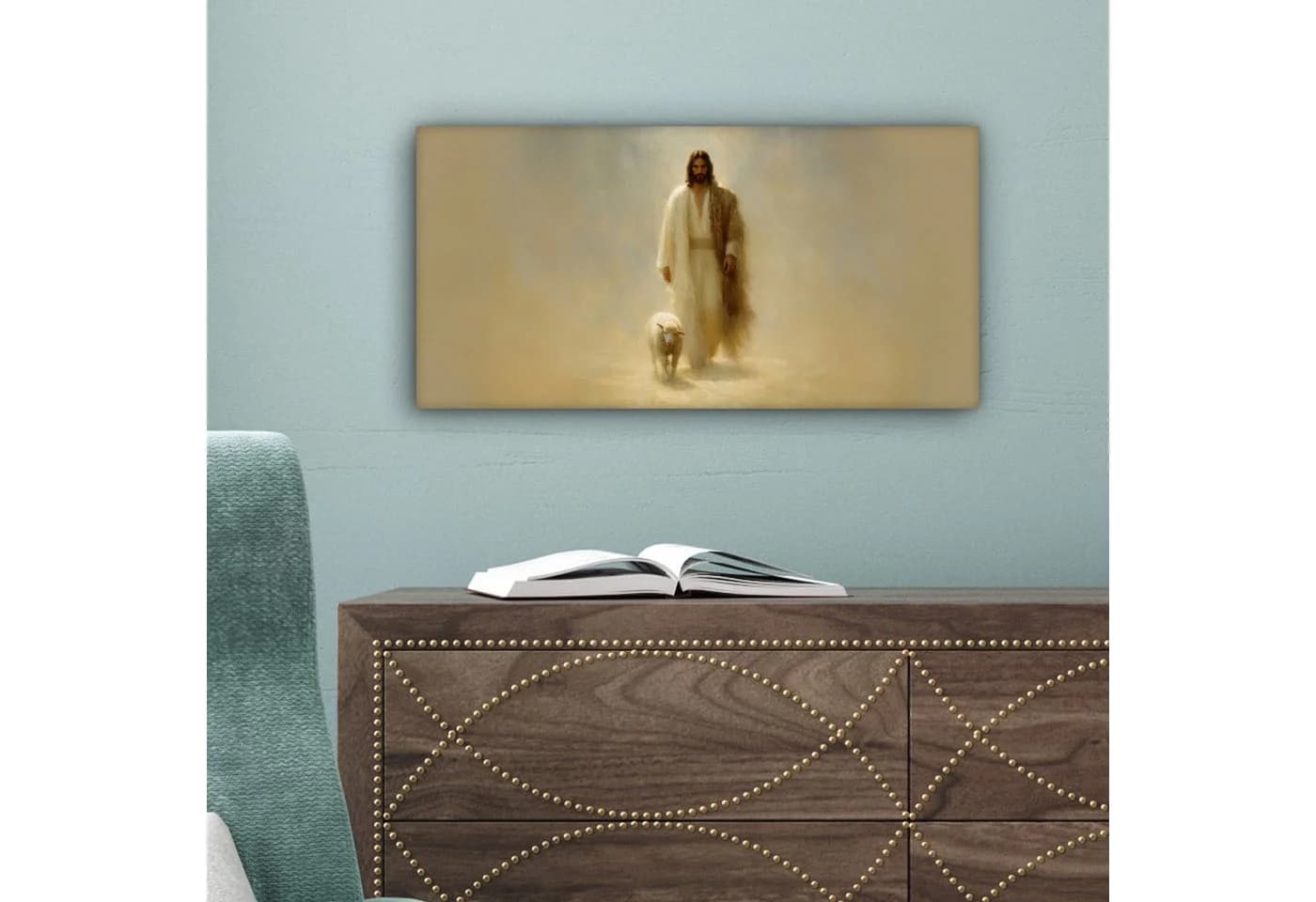 OneMillionCanvasses® Leinwandbild Panorama Jesus mit Lamm goldene Landschaft - Bild 5
