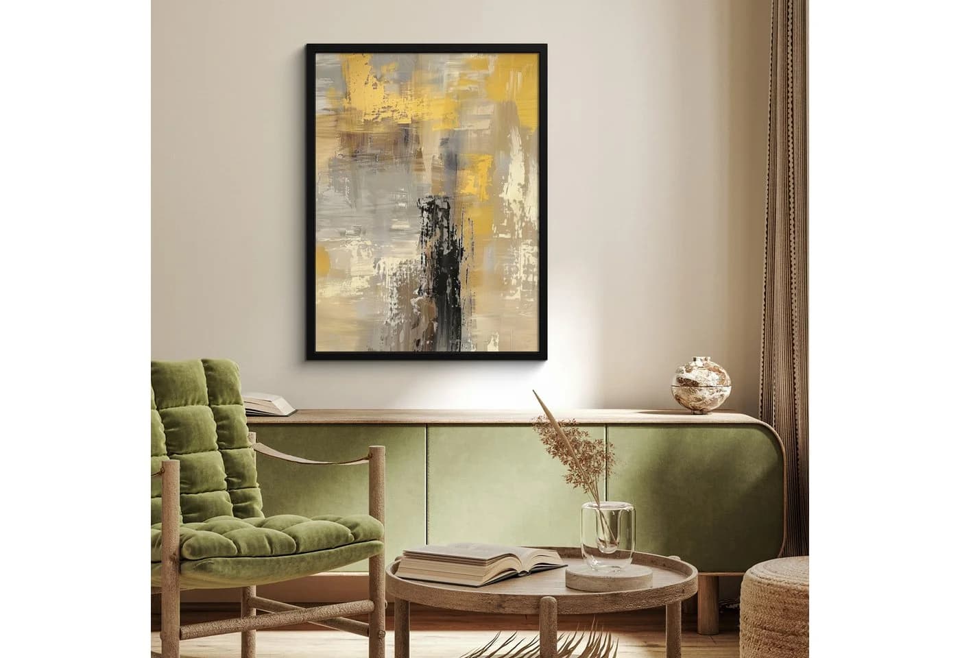 MuchoWow Poster Abstrakt Beige Gelb mit Schwarzem Rahmen