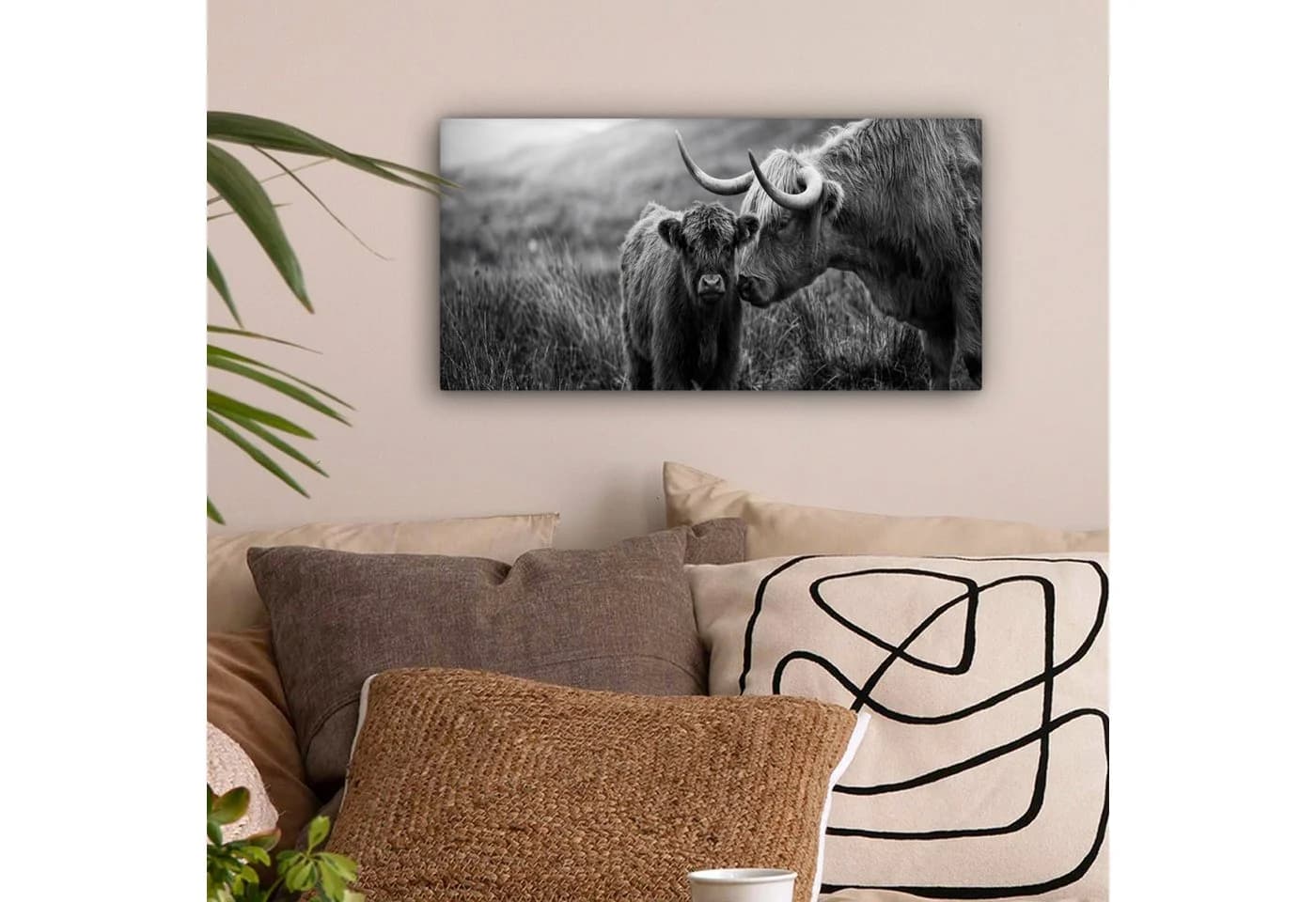 OneMillionCanvasses Leinwandbild Panorama Schottischer Highlander Schwarz-Weiß