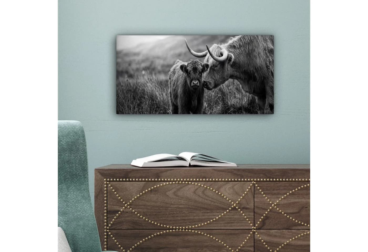 OneMillionCanvasses Leinwandbild Panorama Schottischer Highlander Schwarz-Weiß - Bild 5