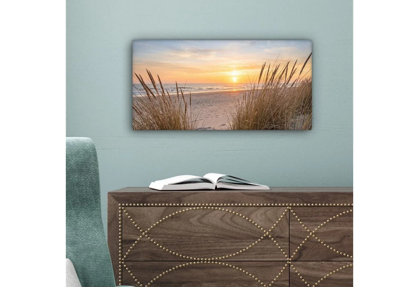 OneMillionCanvasses Leinwandbild Panorama Sonnenuntergang Dünen Meer 40x20 cm - Bild 5