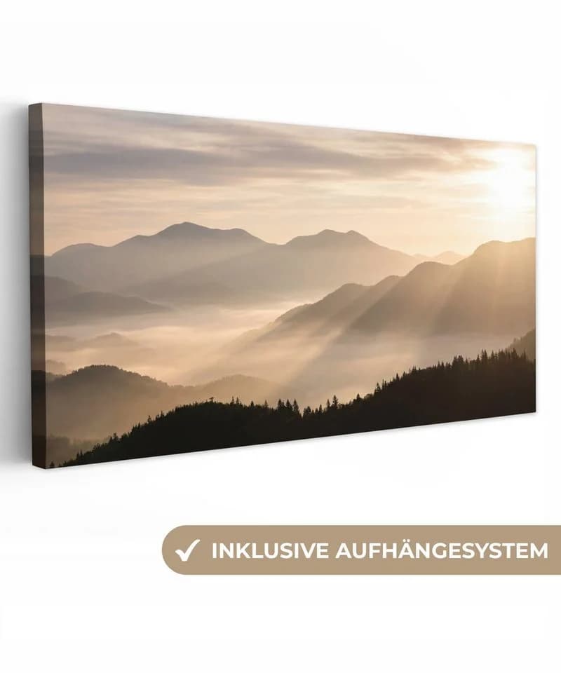 OneMillionCanvasses® Leinwandbild Panorama Berge Nebel Sonnenstrahlen - Bild 2