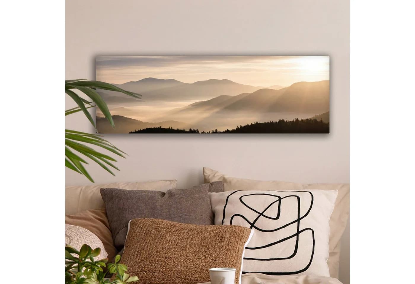 OneMillionCanvasses® Leinwandbild Panorama Berge - Nebel - Sonnenstrahlen