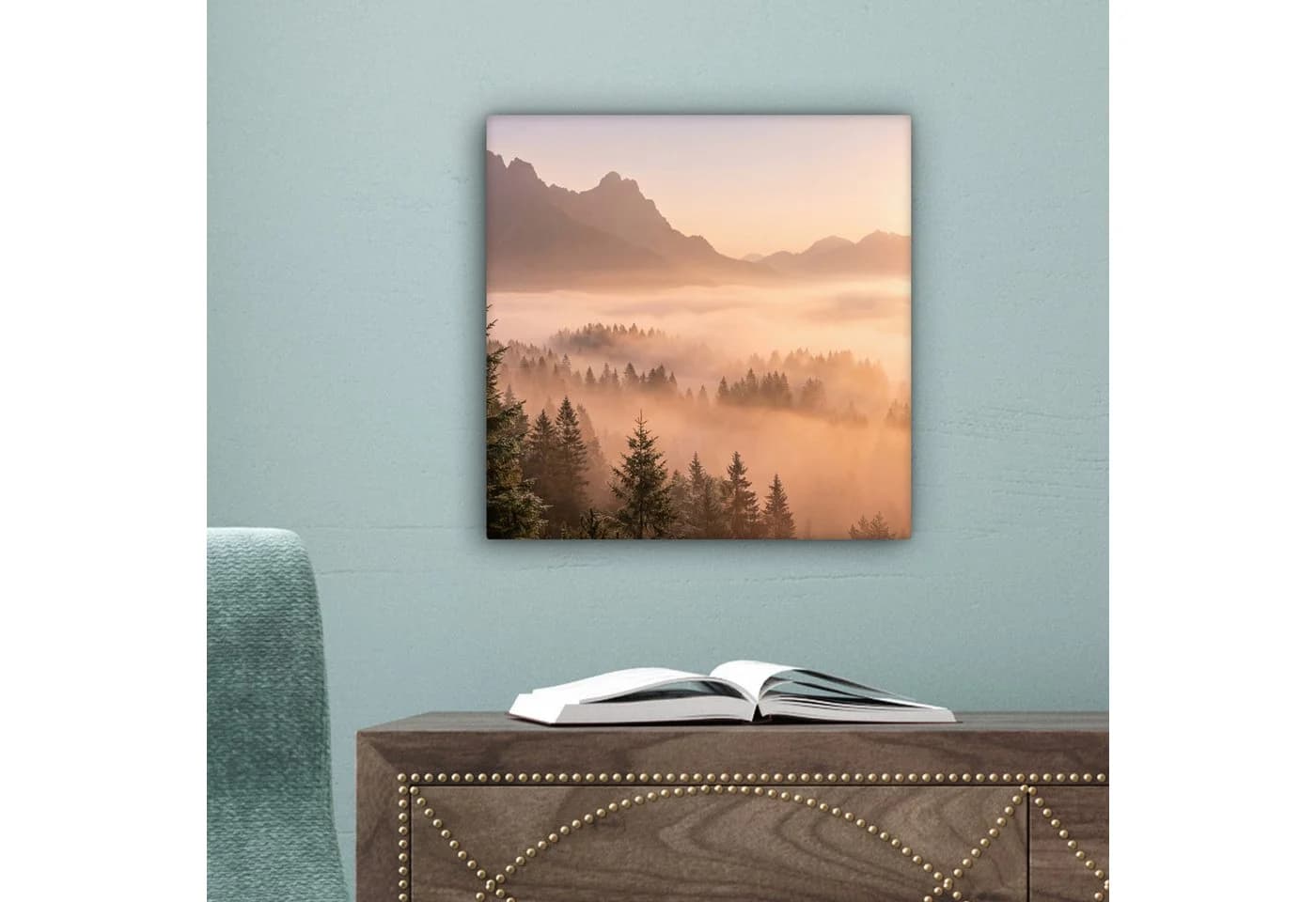 OneMillionCanvasses® Leinwandbild Sonnenlicht Nebel Berge Bäume - Bild 5