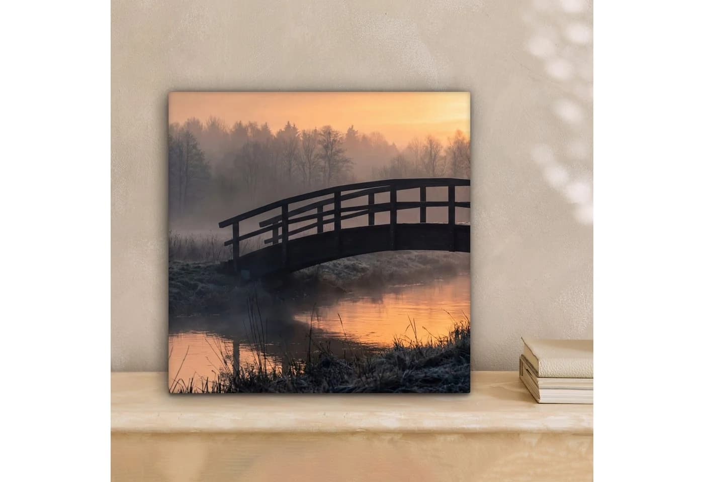 OneMillionCanvasses® Leinwandbild Brücke Nebel Bäume Wasser 20x20 cm
