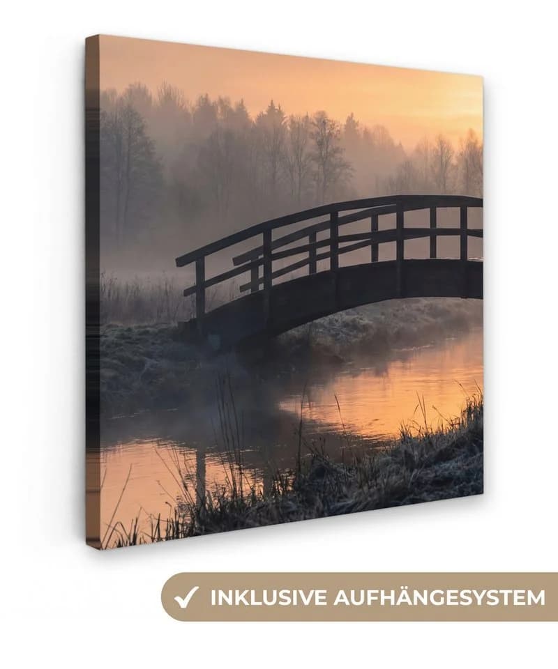 OneMillionCanvasses® Leinwandbild Brücke Nebel Bäume Wasser 20x20 cm - Bild 2