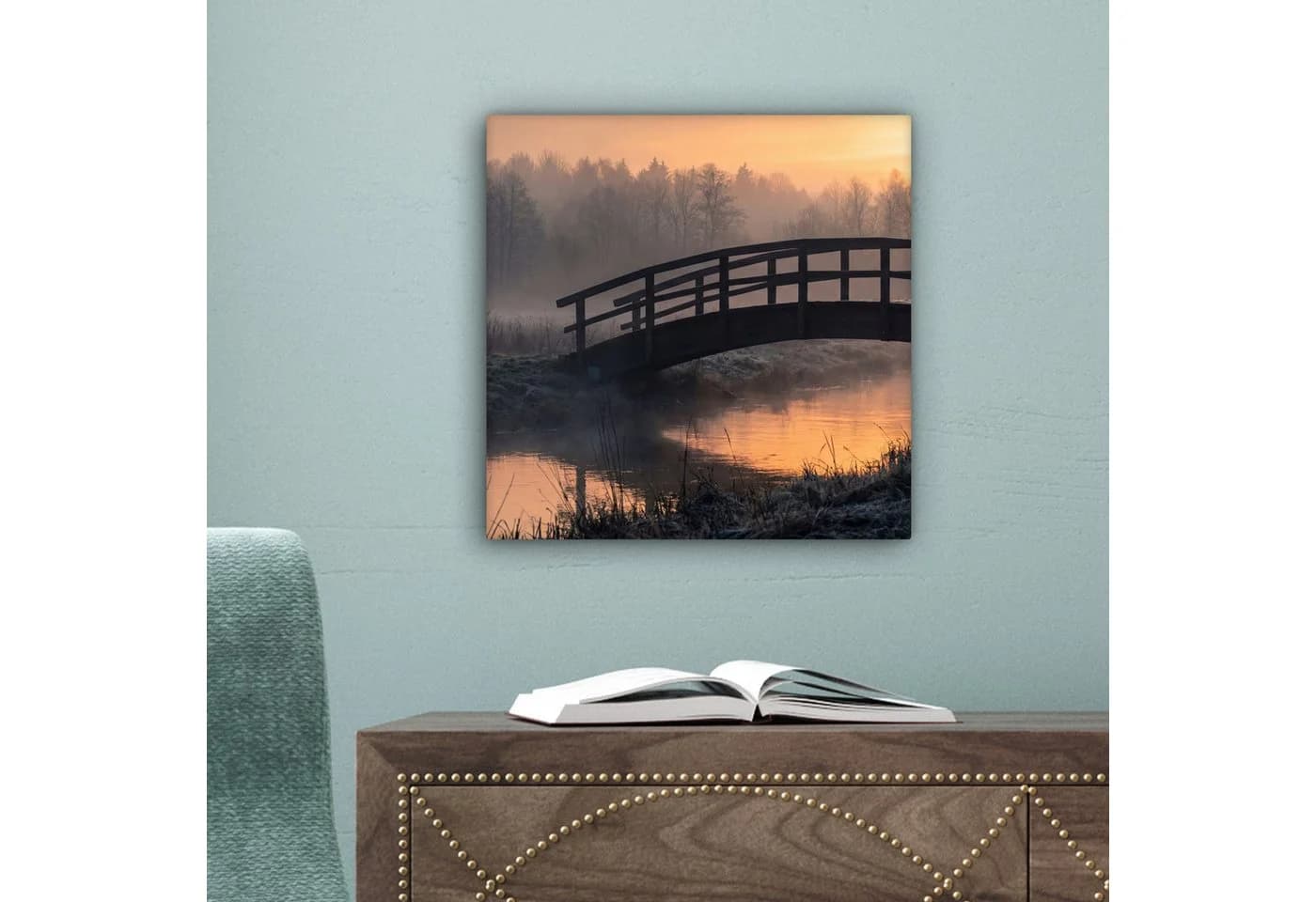 OneMillionCanvasses® Leinwandbild Brücke Nebel Bäume Wasser 20x20 cm - Bild 5