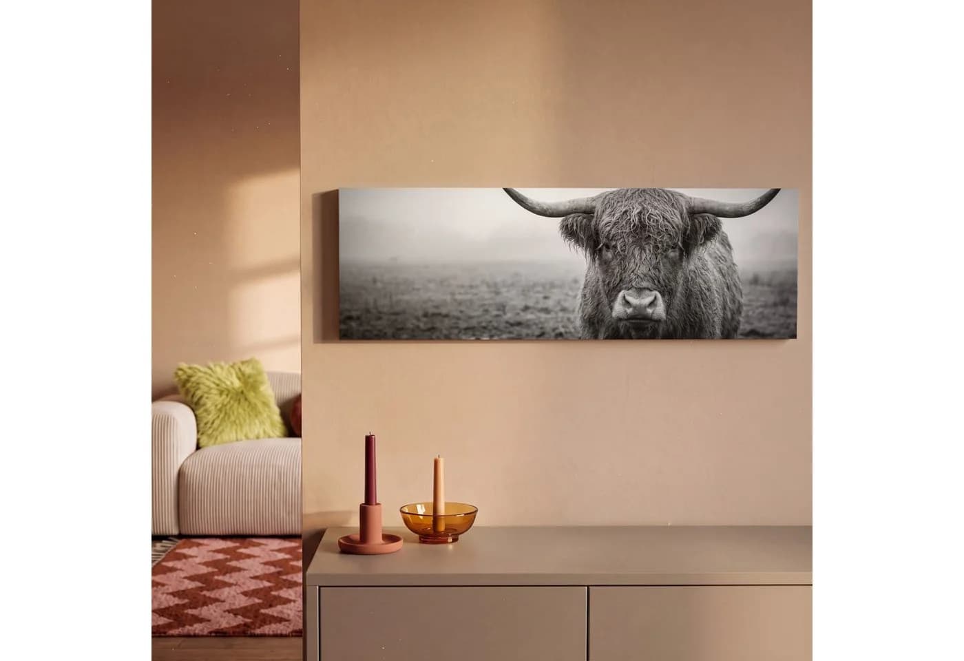 OneMillionCanvasses® Leinwandbild Panorama Schottischer Highlander Schwarz-Weiß