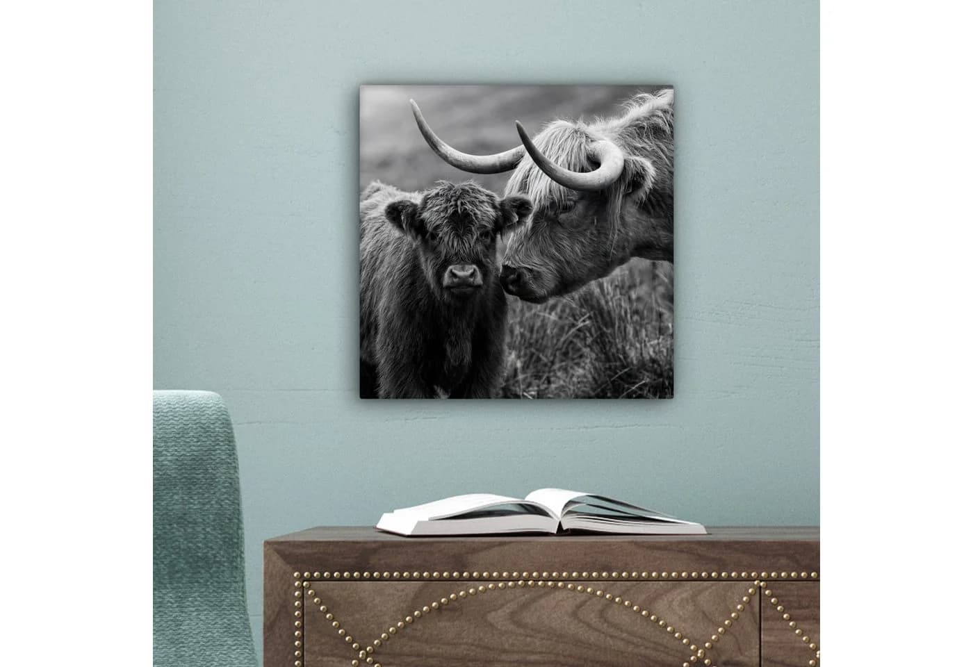 OneMillionCanvasses® Leinwandbild Schottischer Highlander & Kalb Schwarz-Weiß - Bild 5