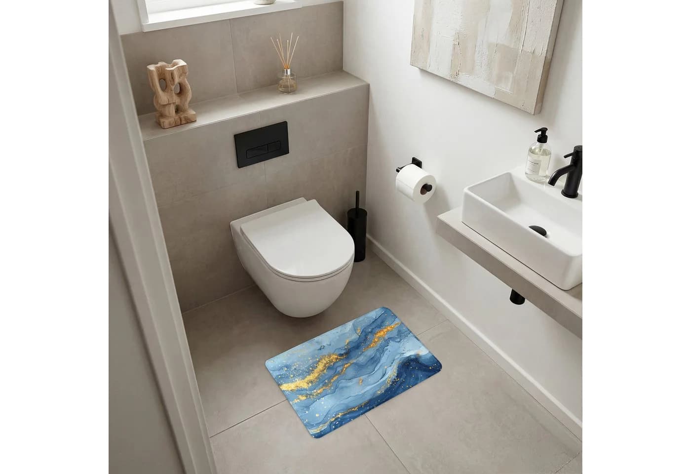 OnlyWow WC-Vorleger Aquarell Blau Gold Modern