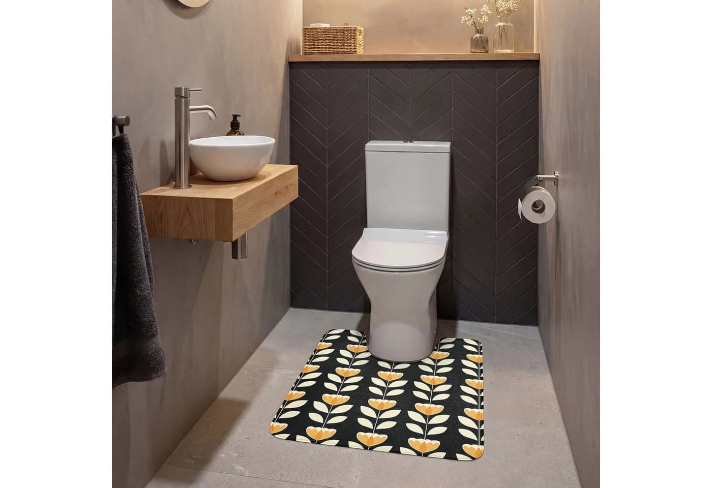 OnlyWow WC-Vorleger Retro Blumen Schwarz Ockergelb U-Form - Bild 4
