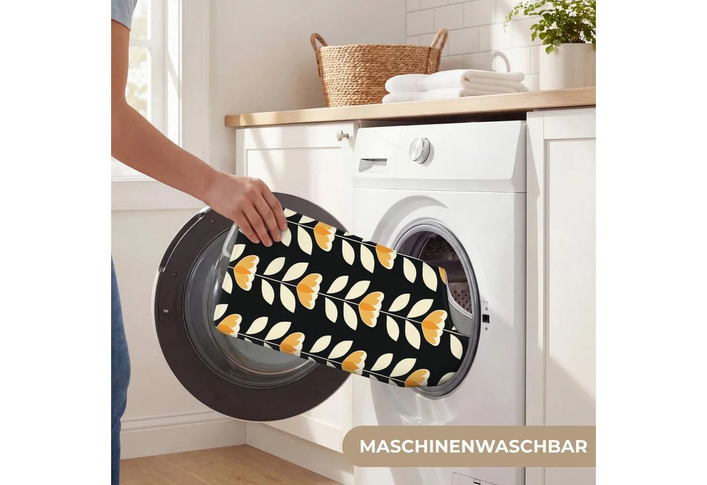 OnlyWow WC-Vorleger Retro Blumen Schwarz Ockergelb U-Form - Bild 5