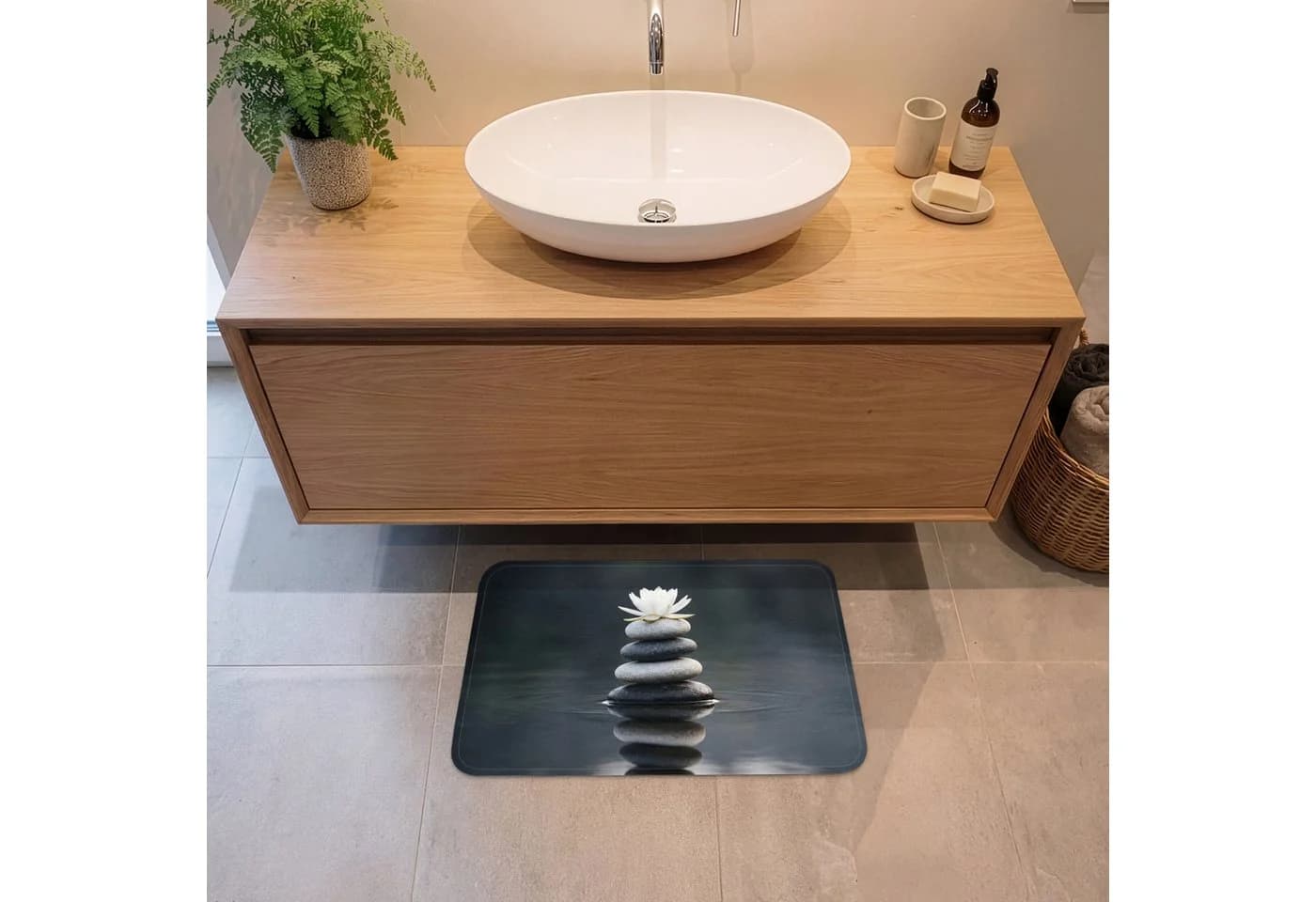 OnlyWow Badematte Steine Lotus Grau Memory-Foam Rutschfest