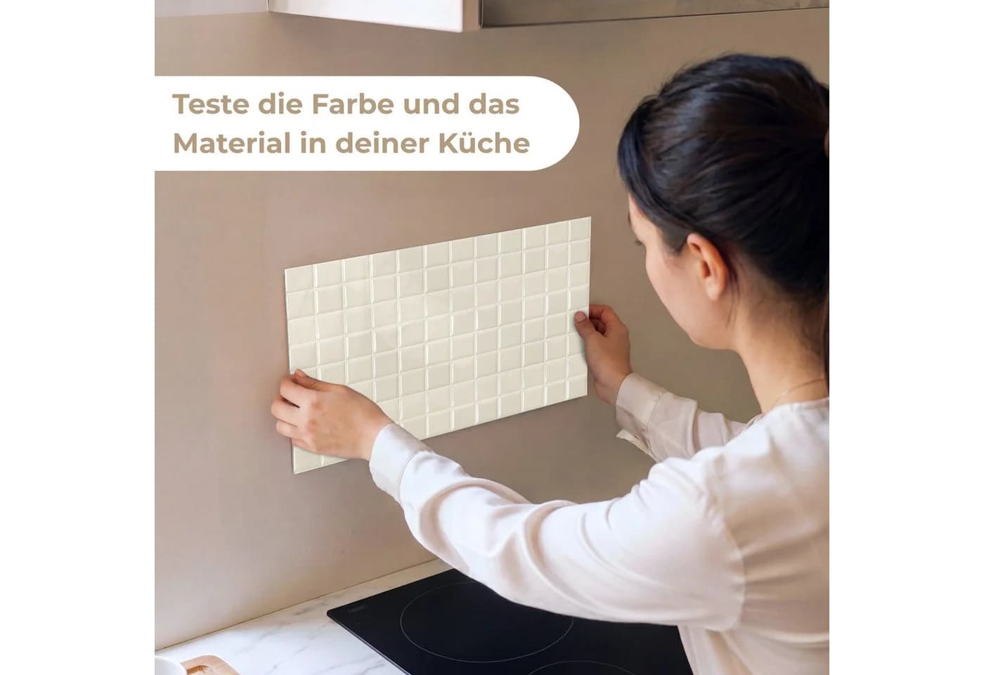 KitchenYeah Küchenrückwand Selbstklebend Glasoptik Beige/Weiß
