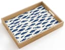 OnlyWow Tablett Rechteckig mit Henkel Fisch Muster Blau Weiß Eichenholz Bild 2