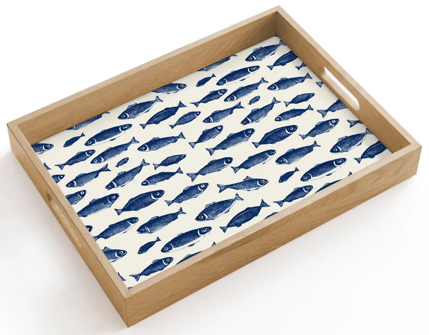 OnlyWow Tablett Rechteckig mit Henkel Fisch Muster Blau Weiß Eichenholz - Bild 2