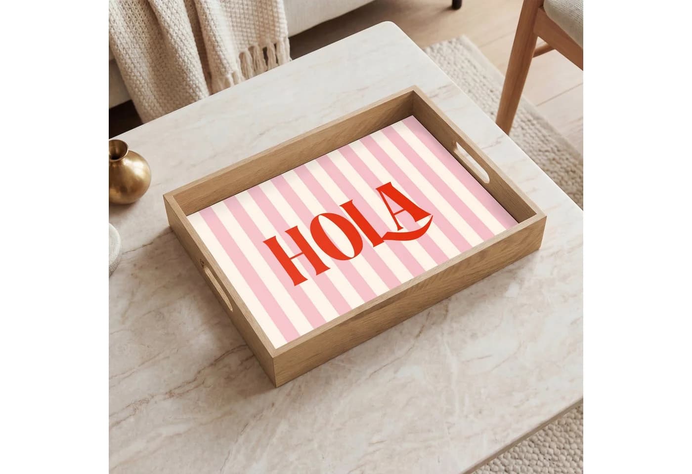 OnlyWow Eichenholz Tablett mit Henkel Zitat Streifen Rosa Rot - Bild 5