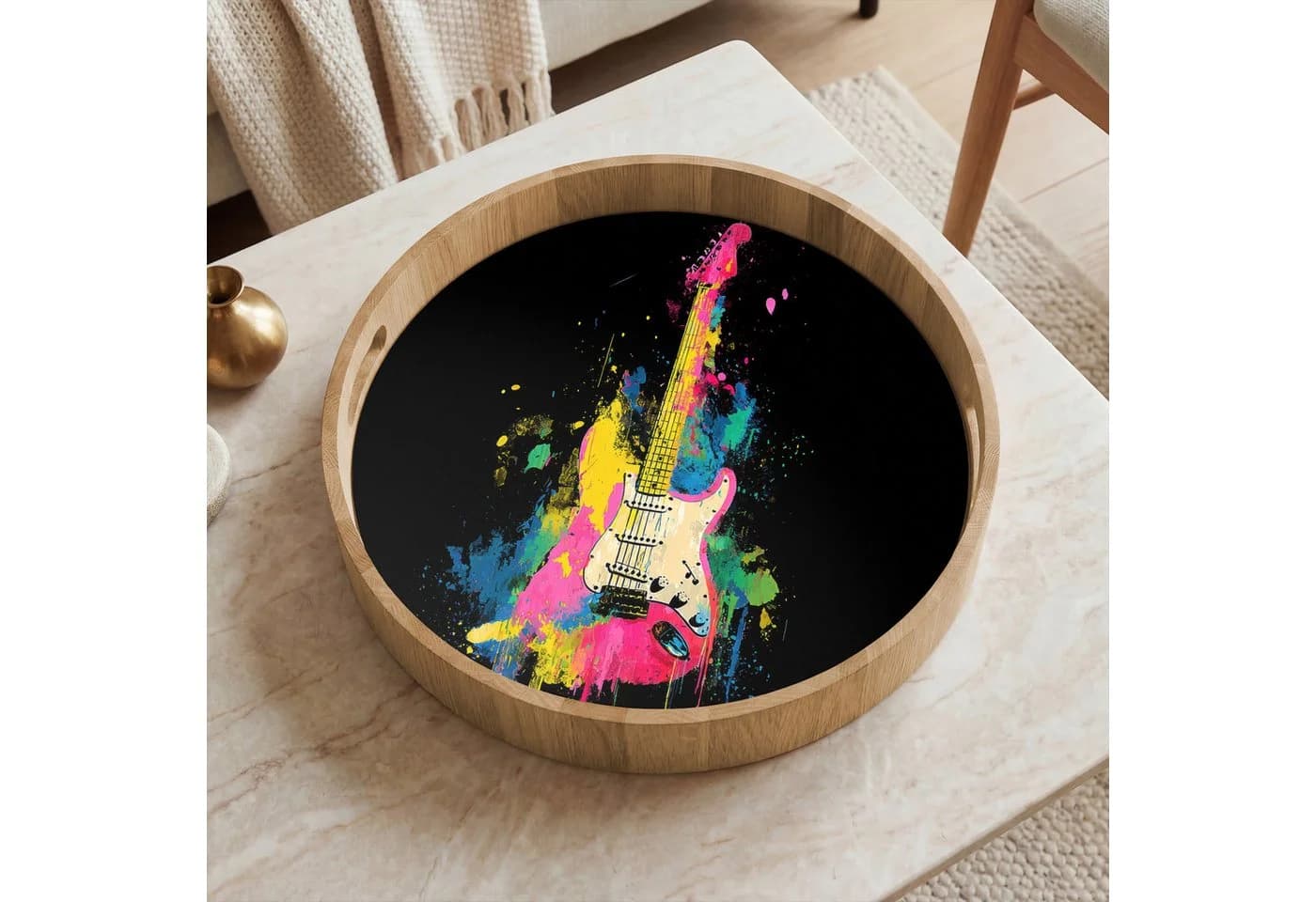 OnlyWow Tablett Rund mit Henkel Gitarre - Bunt - Eichenholz - Bild 5