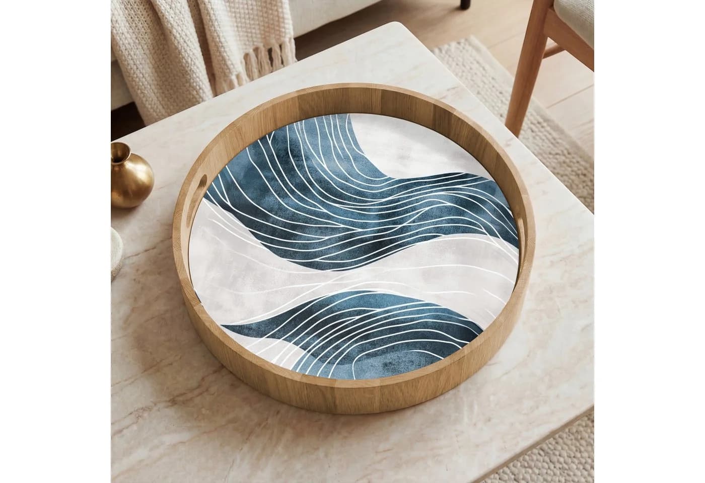 OnlyWow Tablett Rund mit Henkel Blau Weiß Eichenholz - Bild 5