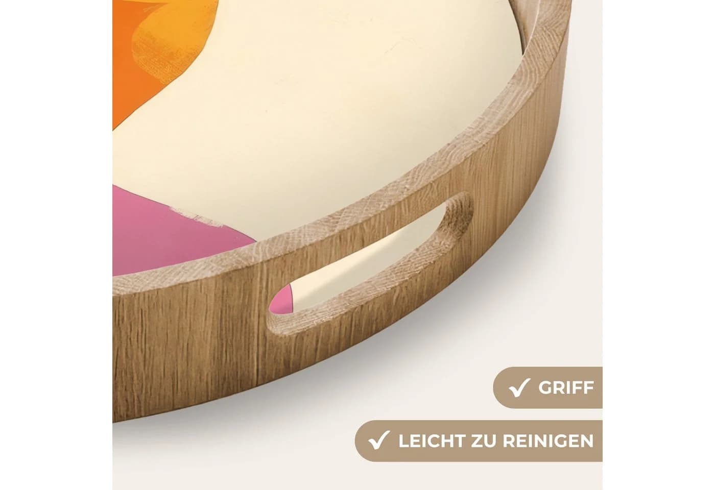 OnlyWow Tablett Rund mit Henkel Abstrakt Bunt Eichenholz - Bild 3