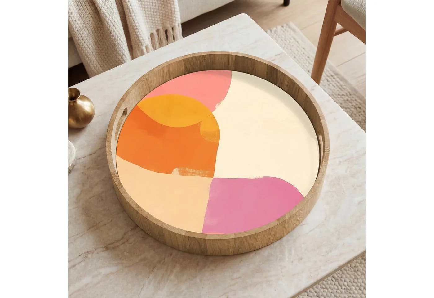 OnlyWow Tablett Rund mit Henkel Abstrakt Bunt Eichenholz - Bild 5