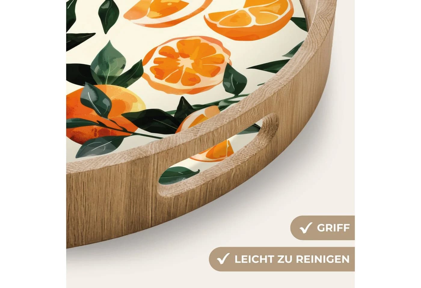 OnlyWow Tablett Rund mit Henkel Eichenholz Beige Orange - Bild 3