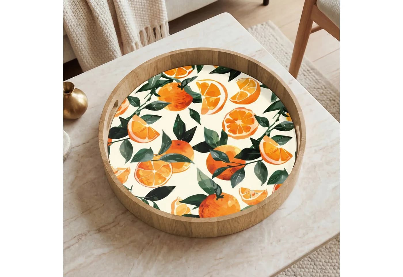 OnlyWow Tablett Rund mit Henkel Eichenholz Beige Orange - Bild 5
