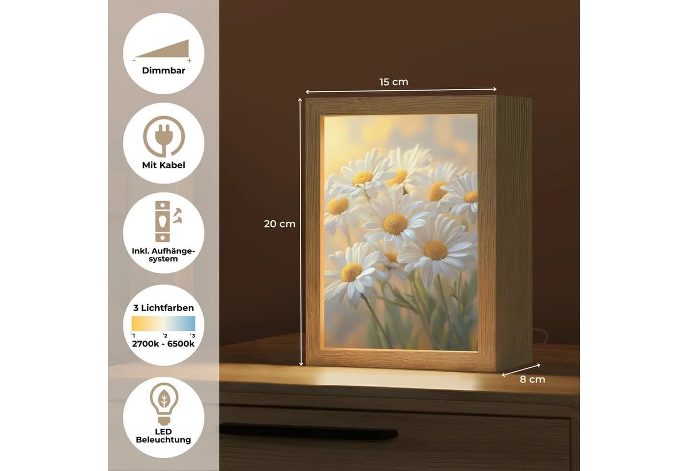 OnlyWow Tischleuchte Lightbox Gänseblümchen Weiß Dimmbar LED - Bild 4
