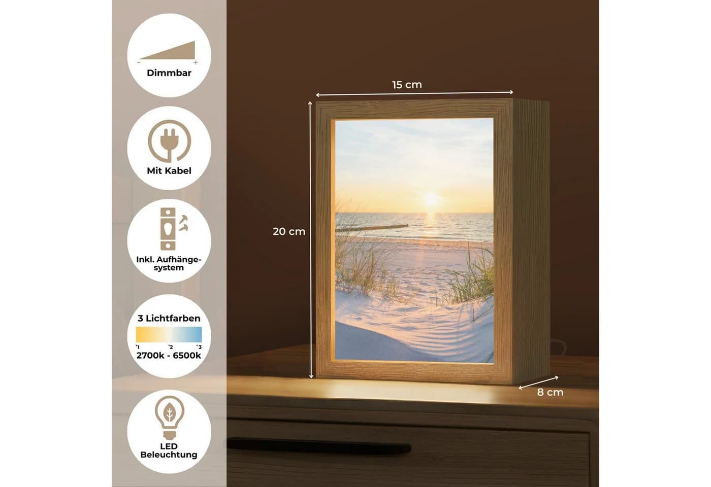 OnlyWow Tischleuchte Strand Dimmbar LED Farbwechsel Holzrahmen - Bild 4