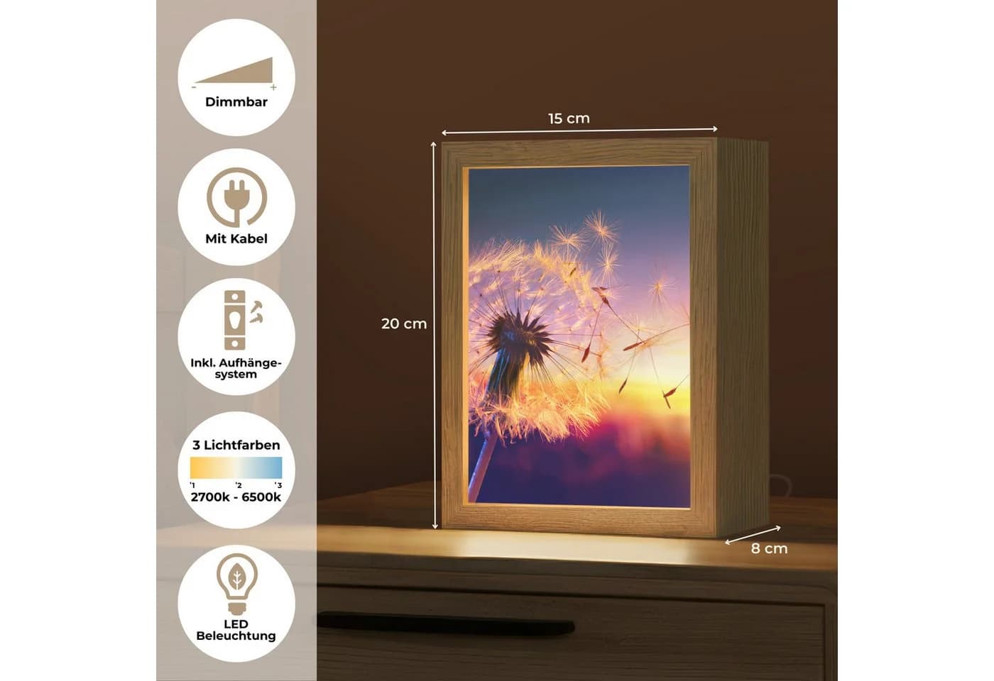 OnlyWow Tischleuchte Lightbox LED Dimmbar Farbwechsel Holzrahmen - Bild 4