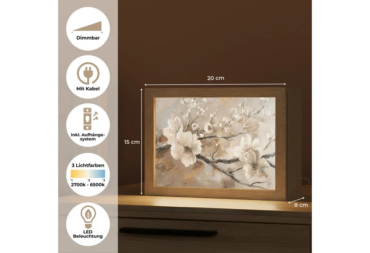 OnlyWow Tischleuchte Blumen Dimmbar LED Farbwechsel Holzrahmen Beige/Braun - Bild 4