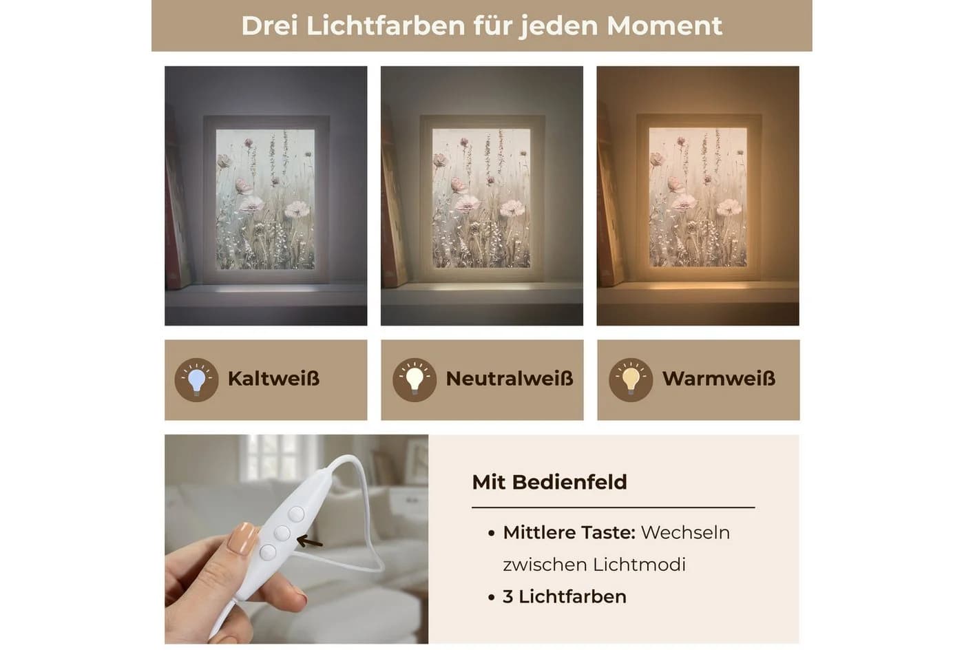 OnlyWow Wandleuchte Lightbox Blumen Rosa Beige Dimmbar LED - Bild 5