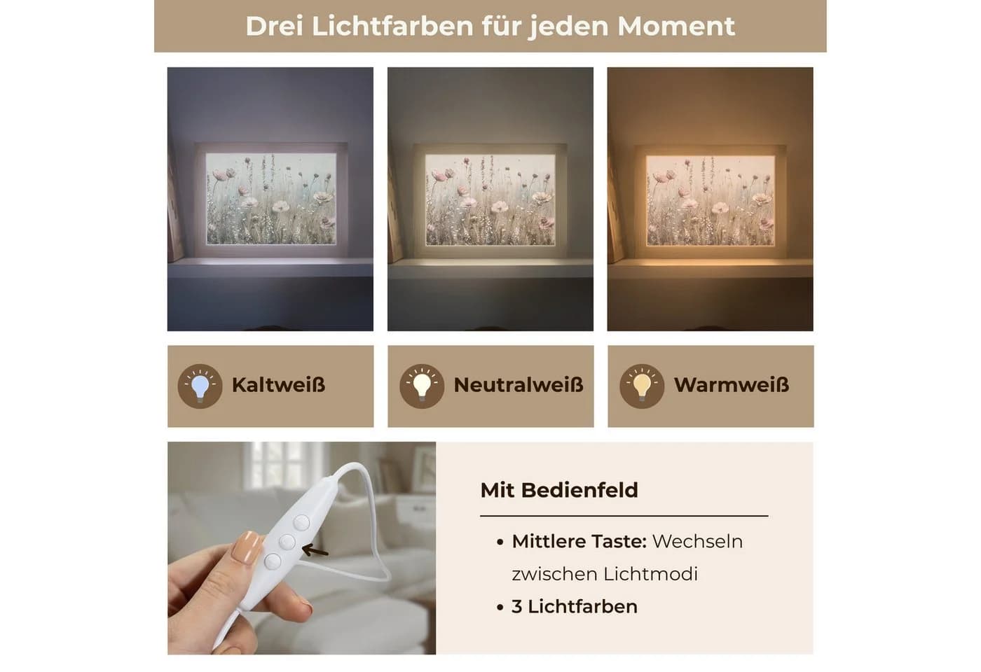 OnlyWow Wandleuchte Lightbox Blumen Rosa Beige Modern Dimmbar LED - Bild 5
