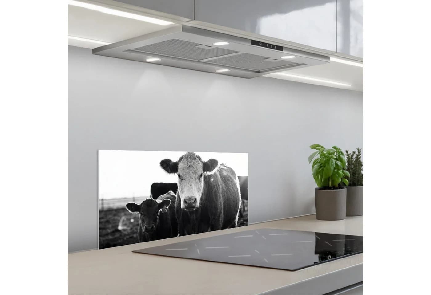 KitchenYeah Küchenrückwand selbstklebend Kühe Schwarz/Weiß Glasoptik