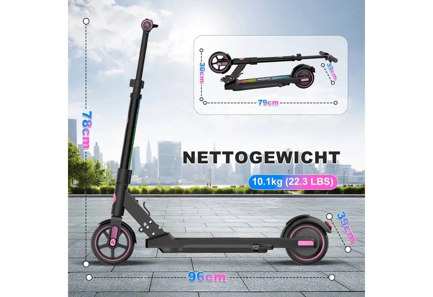 EVERCROSS TECH Elektro-Kinderroller EV06C Rosa Faltbar LED Display - Bild 3