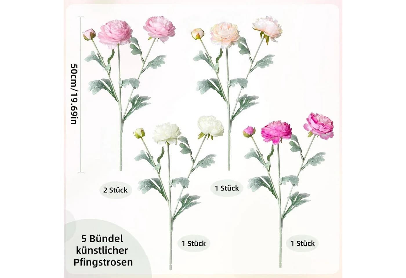 FOUORTUNATE-BEE Kunstblumenstrauß 5er Set künstliche Pfingstrosen Rosa