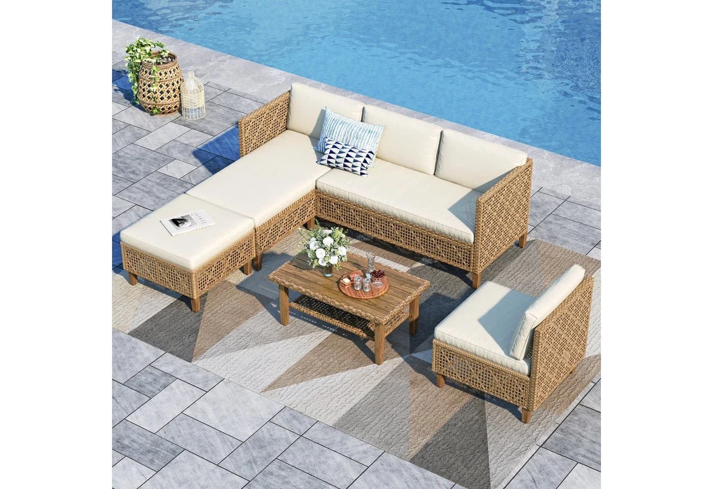 PHI VILLA Gartenlounge-Set 6-tlg. Beige Dunkelblau PE Rattan - Bild 2