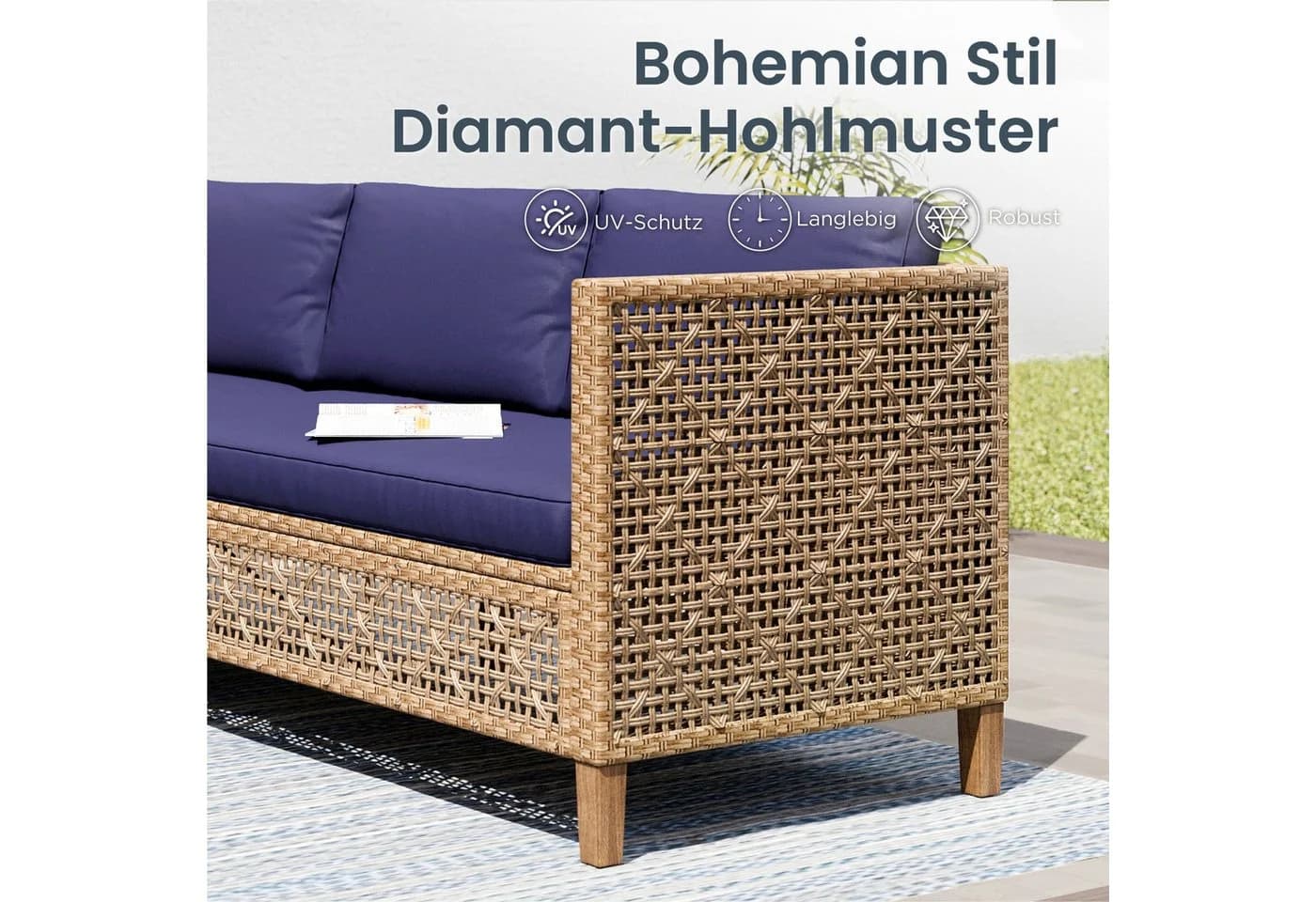 PHI VILLA Gartenlounge-Set 6-tlg. Beige Dunkelblau PE Rattan mit Kissen - Bild 3