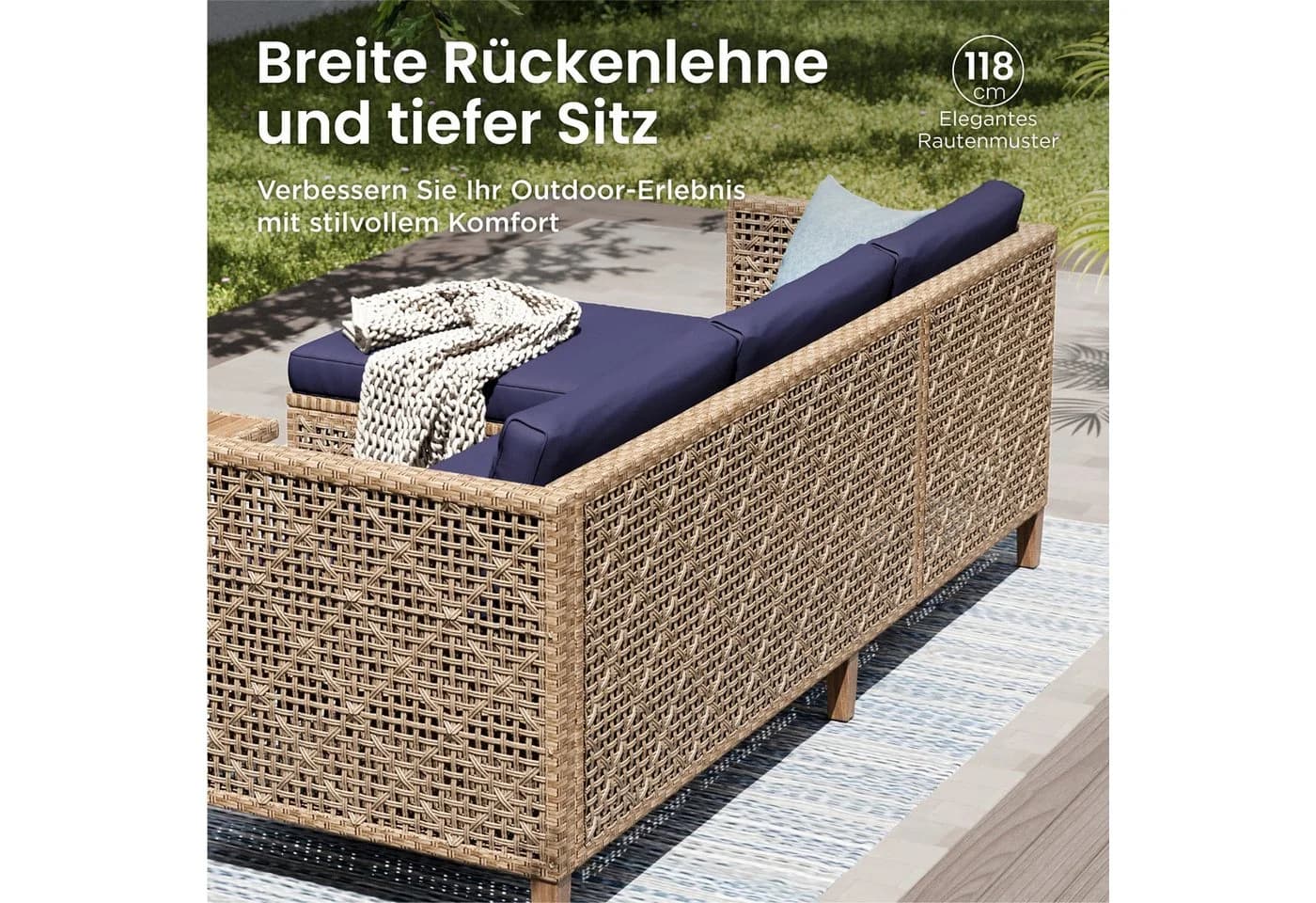 PHI VILLA Gartenlounge-Set 6-tlg. Beige Dunkelblau PE Rattan mit Kissen - Bild 4