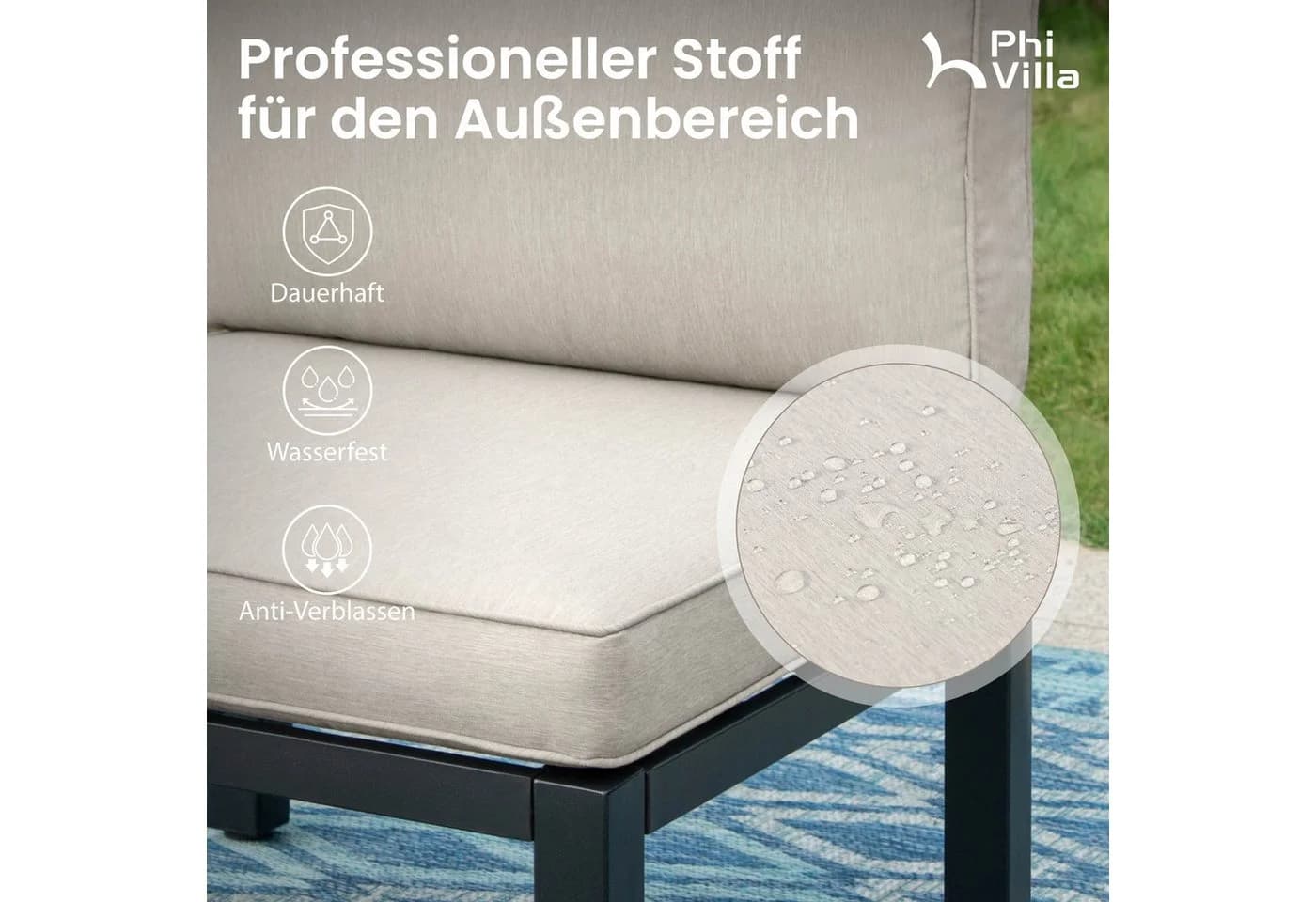 PHI VILLA Gartenlounge-Set Metall Beige mit Kissen und Tisch