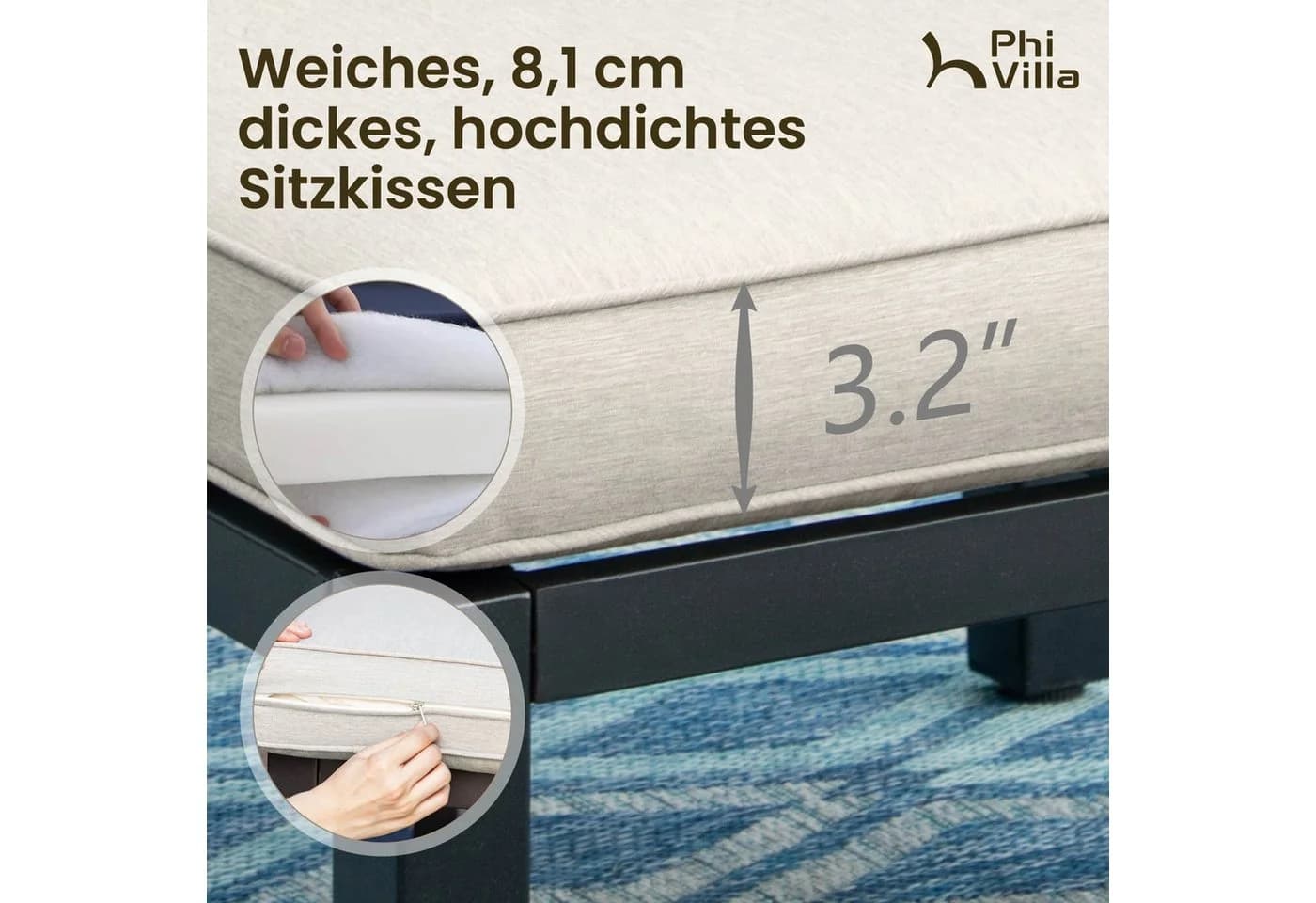 PHI VILLA Gartenlounge-Set Metall Beige mit Kissen und Tisch - Bild 5