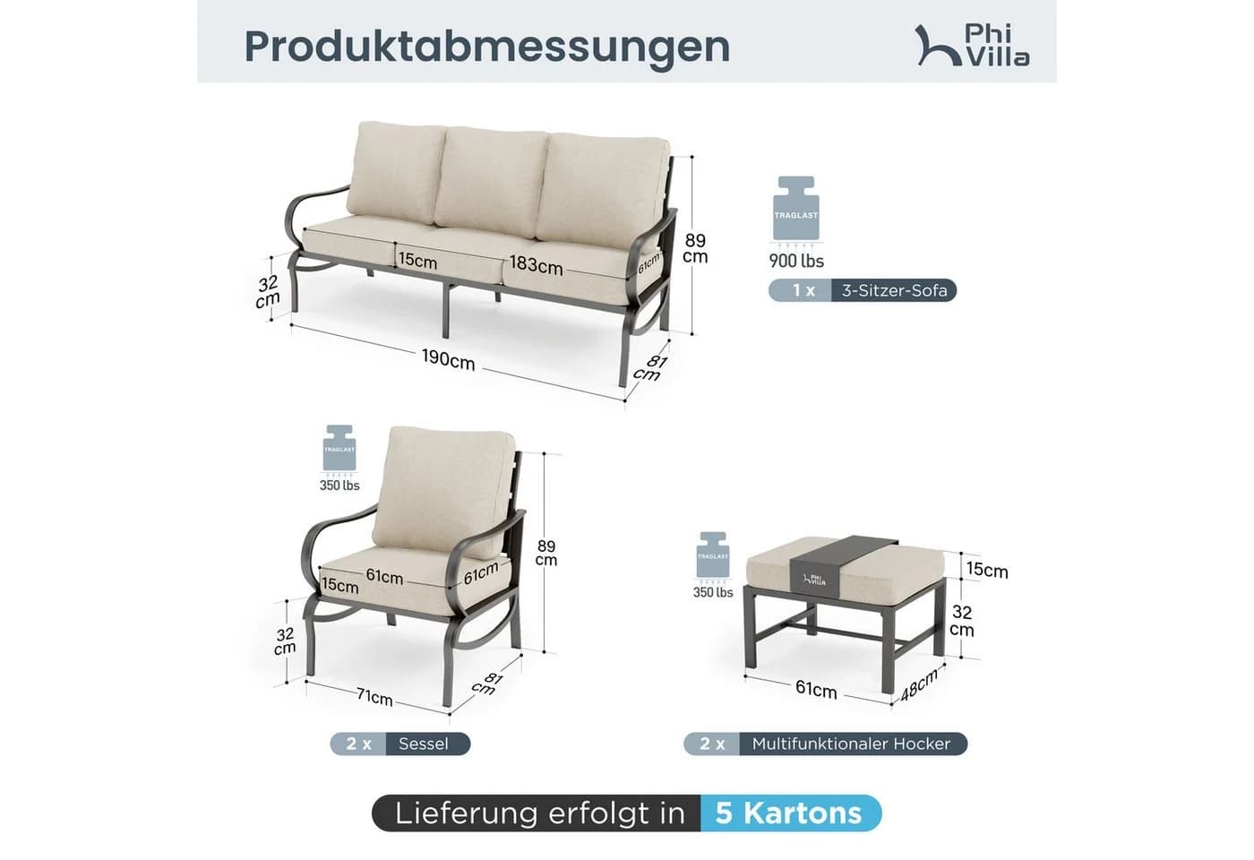 PHI VILLA Gartenlounge-Set 7-tlg. Beige Metall